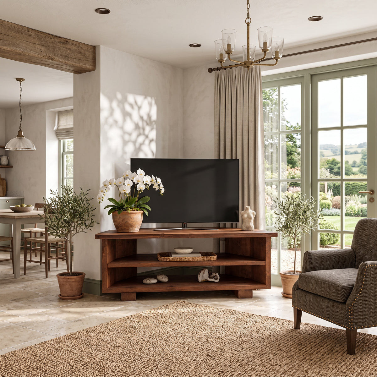 HARTWELL Walnut Colour 3 Tier Corner Solid Wood Tv Unit / Solid Wood / Rustic