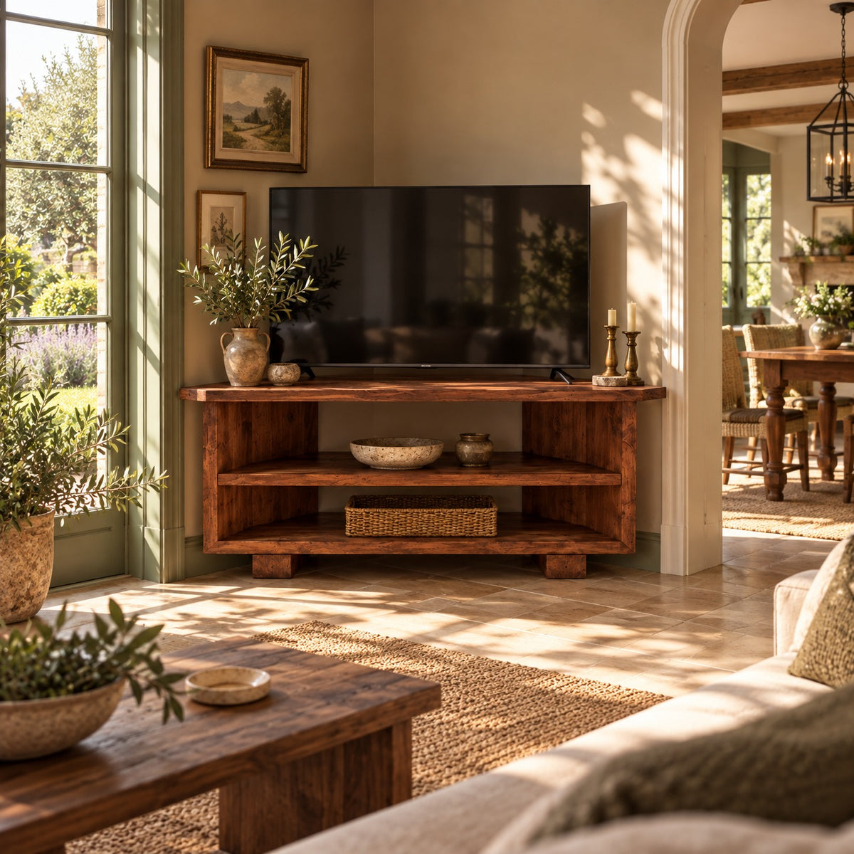 HARTWELL Walnut Colour 3 Tier Corner Solid Wood Tv Unit / Solid Wood / Rustic