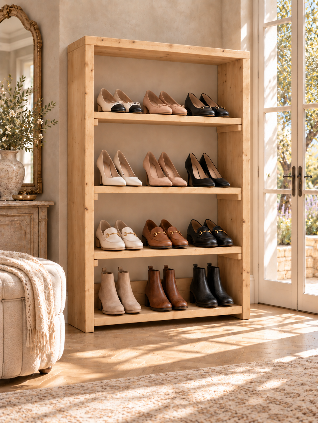 HATHERLEIGH Light Oak Colour Solid Wood Wardrobe Shoe Cabinet – Open Wardrobe, Rustic Scandinavian Design
