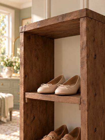 HATHERLEIGH Walnut Colour Solid Wood Wardrobe Shoe Cabinet – Open Wardrobe, Rustic Scandinavian Design