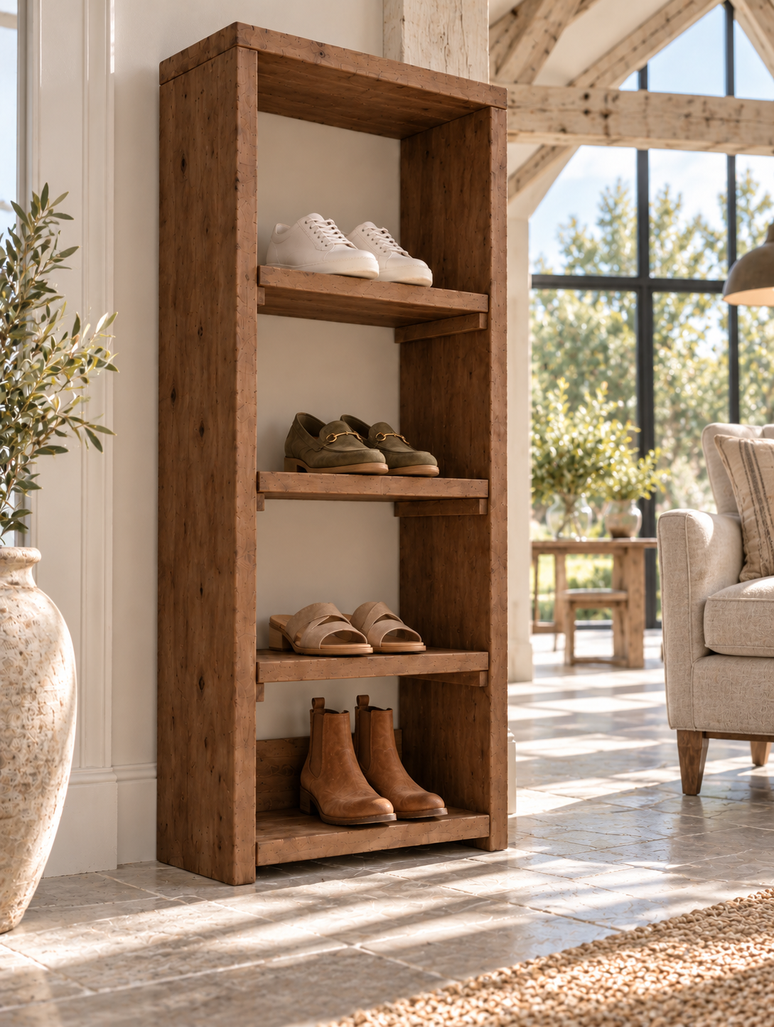 HATHERLEIGH Walnut Colour Solid Wood Wardrobe Shoe Cabinet – Open Wardrobe, Rustic Scandinavian Design