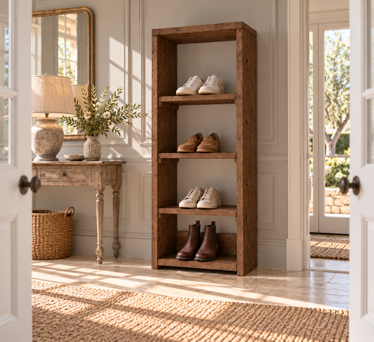 HATHERLEIGH Walnut Colour Solid Wood Wardrobe Shoe Cabinet – Open Wardrobe, Rustic Scandinavian Design