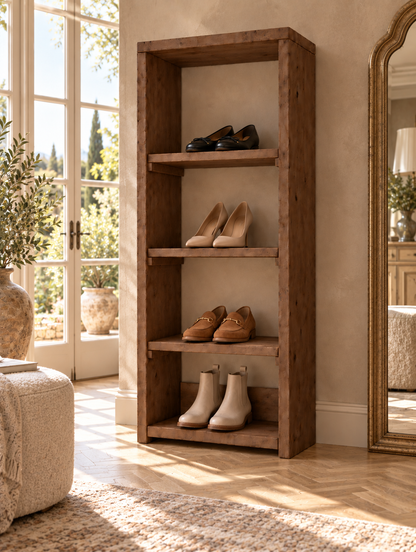 HATHERLEIGH Walnut Colour Solid Wood Wardrobe Shoe Cabinet – Open Wardrobe, Rustic Scandinavian Design