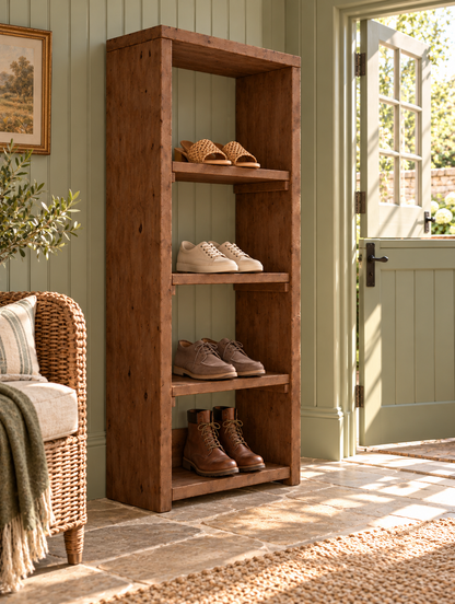 HATHERLEIGH Walnut Colour Solid Wood Wardrobe Shoe Cabinet – Open Wardrobe, Rustic Scandinavian Design