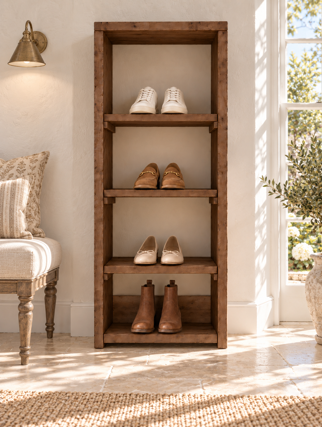 HATHERLEIGH Walnut Colour Solid Wood Wardrobe Shoe Cabinet – Open Wardrobe, Rustic Scandinavian Design