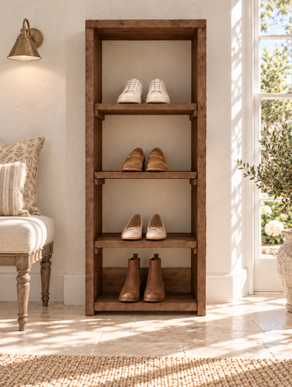 HATHERLEIGH Walnut Colour Solid Wood Wardrobe Shoe Cabinet – Open Wardrobe, Rustic Scandinavian Design