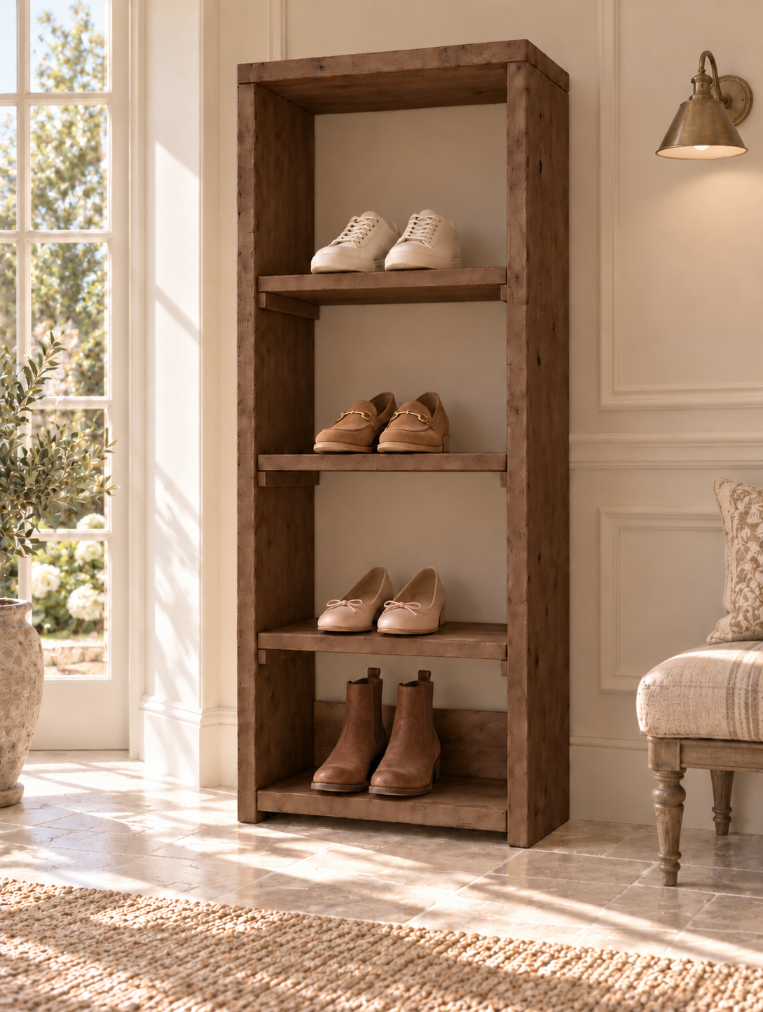 HATHERLEIGH Walnut Colour Solid Wood Wardrobe Shoe Cabinet – Open Wardrobe, Rustic Scandinavian Design