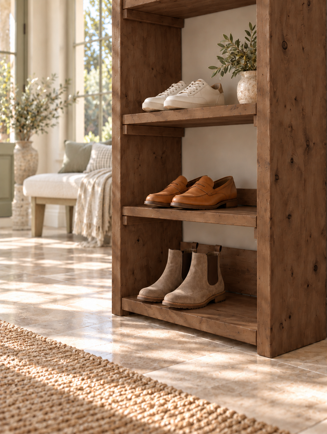 HATHERLEIGH Walnut Colour Solid Wood Wardrobe Shoe Cabinet – Open Wardrobe, Rustic Scandinavian Design