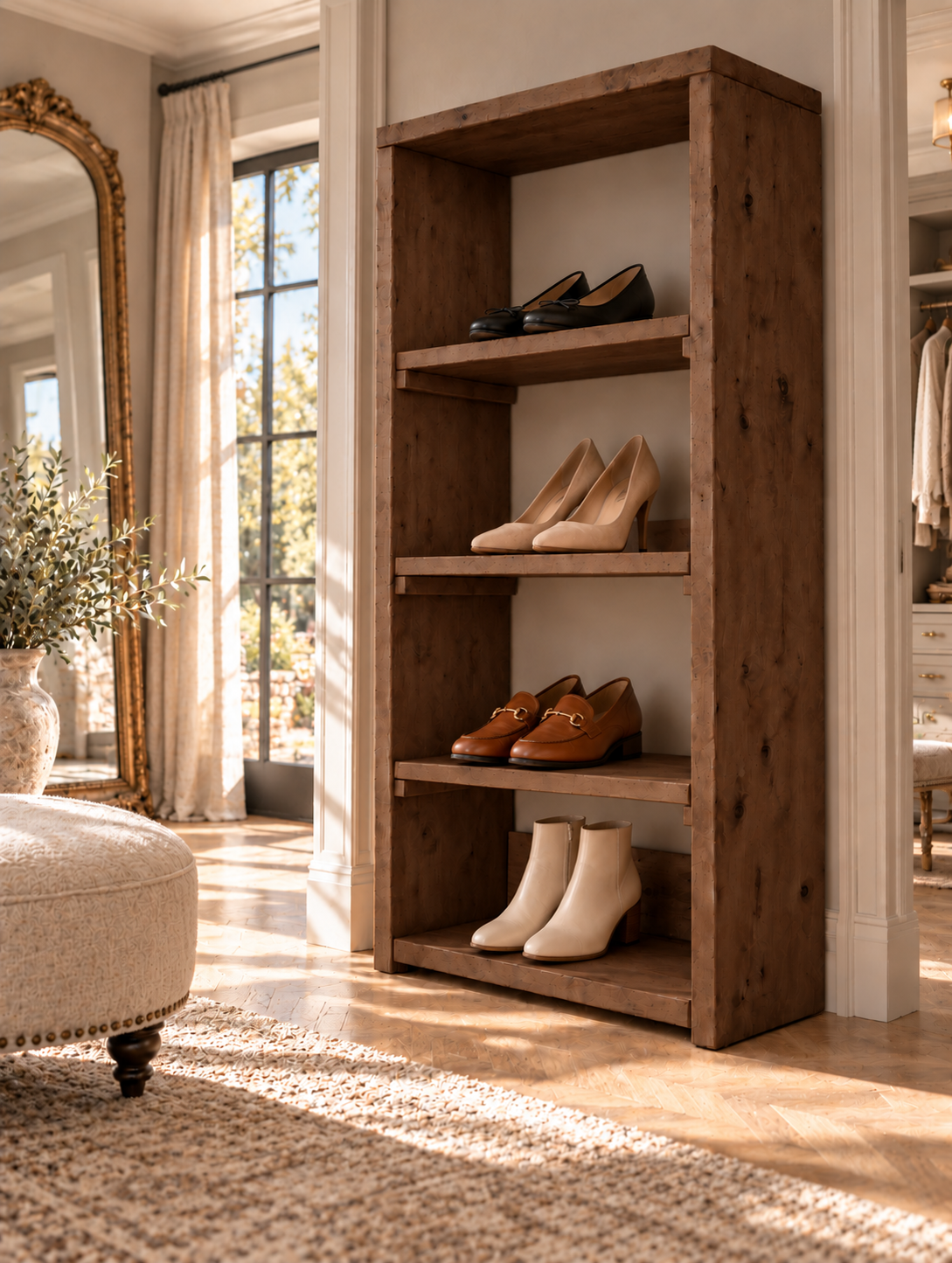 HATHERLEIGH Walnut Colour Solid Wood Wardrobe Shoe Cabinet – Open Wardrobe, Rustic Scandinavian Design