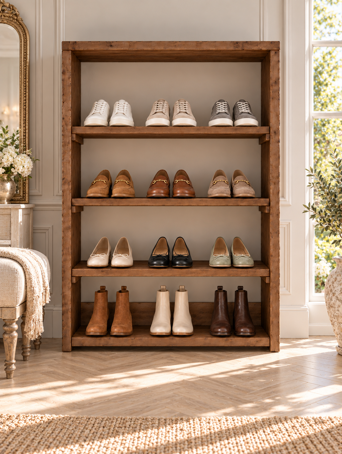HATHERLEIGH Walnut Colour Solid Wood Wardrobe Shoe Cabinet – Open Wardrobe, Rustic Scandinavian Design
