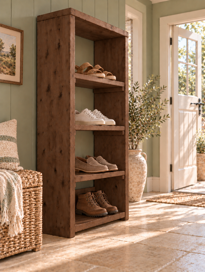 HATHERLEIGH Walnut Colour Solid Wood Wardrobe Shoe Cabinet – Open Wardrobe, Rustic Scandinavian Design