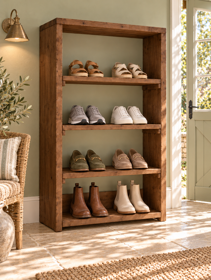 HATHERLEIGH Walnut Colour Solid Wood Wardrobe Shoe Cabinet – Open Wardrobe, Rustic Scandinavian Design