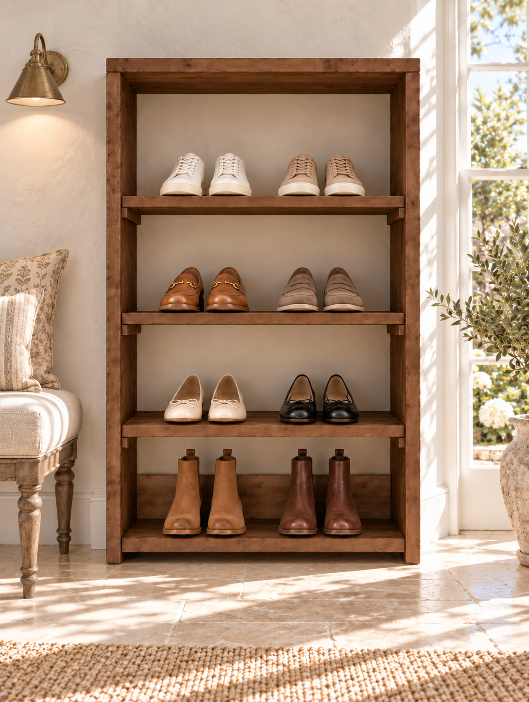 HATHERLEIGH Walnut Colour Solid Wood Wardrobe Shoe Cabinet – Open Wardrobe, Rustic Scandinavian Design