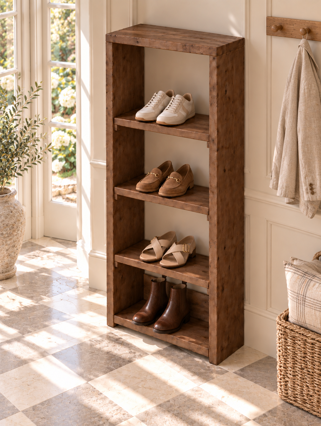 HATHERLEIGH Walnut Colour Solid Wood Wardrobe Shoe Cabinet – Open Wardrobe, Rustic Scandinavian Design
