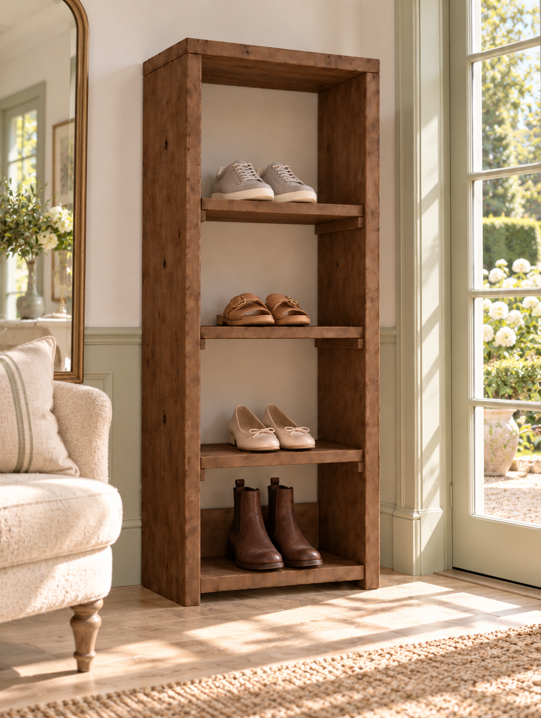 HATHERLEIGH Walnut Colour Solid Wood Wardrobe Shoe Cabinet – Open Wardrobe, Rustic Scandinavian Design