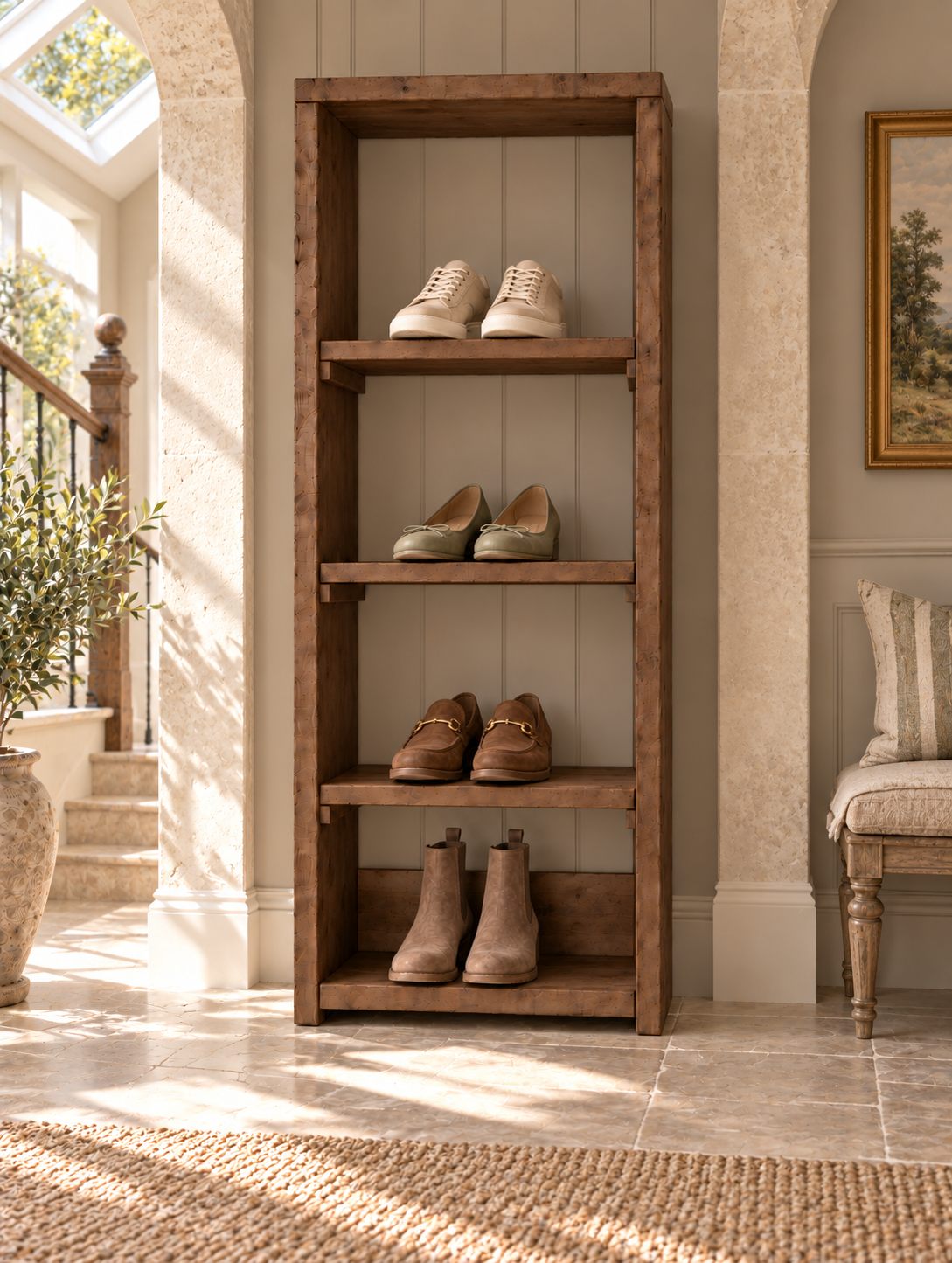 HATHERLEIGH Walnut Colour Solid Wood Wardrobe Shoe Cabinet – Open Wardrobe, Rustic Scandinavian Design