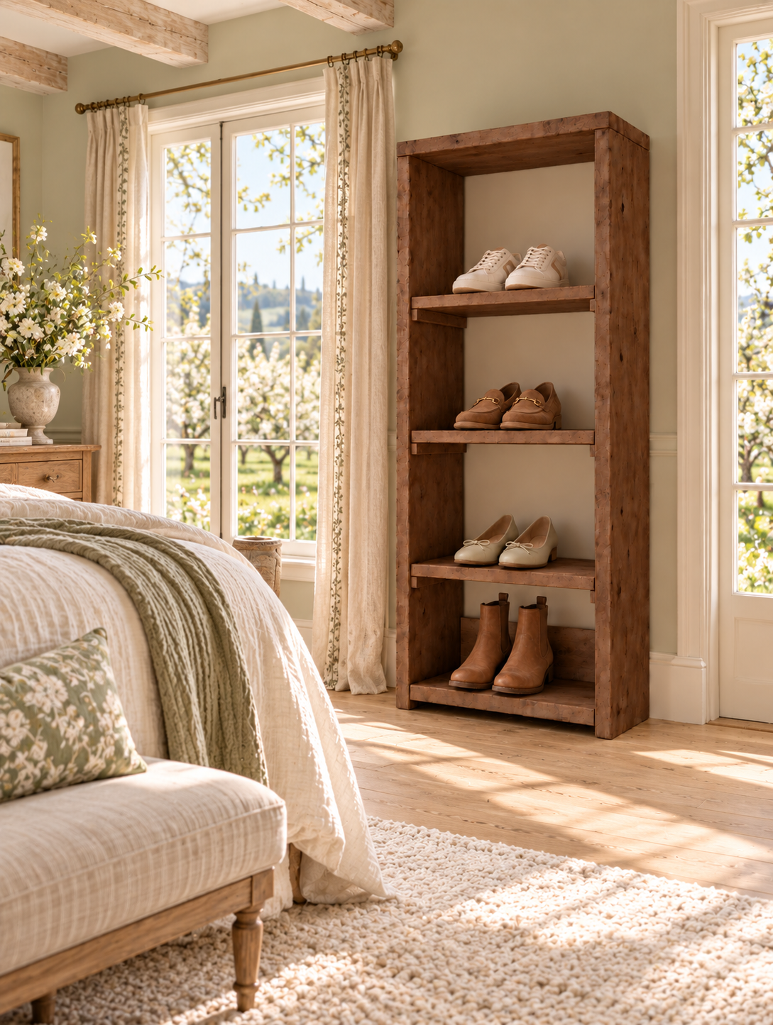 HATHERLEIGH Walnut Colour Solid Wood Wardrobe Shoe Cabinet – Open Wardrobe, Rustic Scandinavian Design