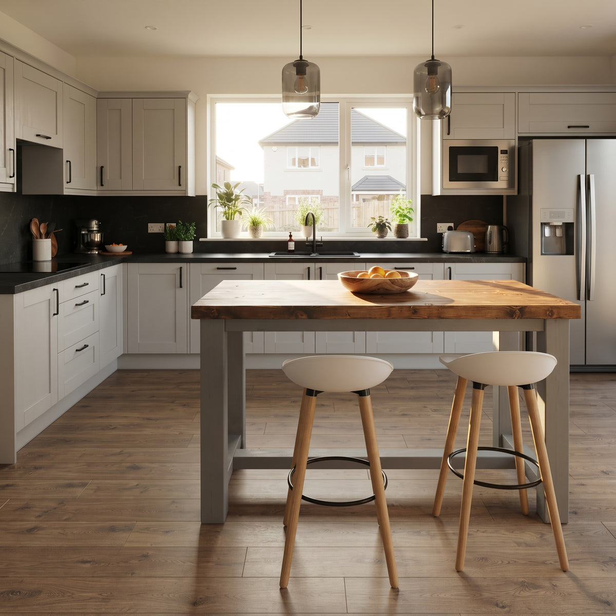 HAZEL Medium Grey Island Solid Wood Kitchen Island With Shelf / Breakfast Bar