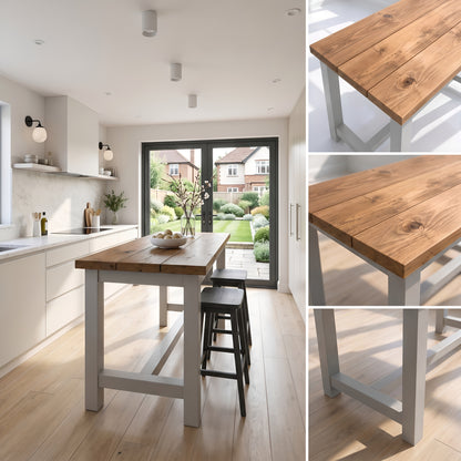 HAZEL Light Grey Island Solid Wood Kitchen Island With Shelf / Breakfast Bar