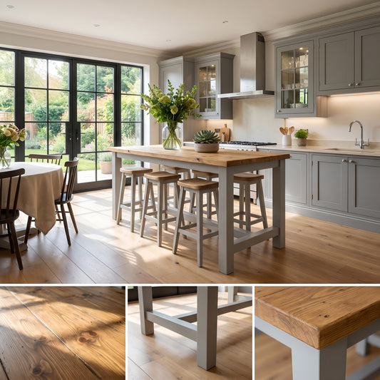 HAZEL Light Grey Island Solid Wood Kitchen Island With Shelf / Breakfast Bar