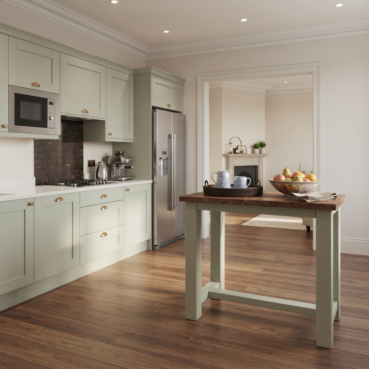 HAZEL Light Green / Dark Oak Top Island Solid Wood Kitchen Island With Shelf / Breakfast Bar