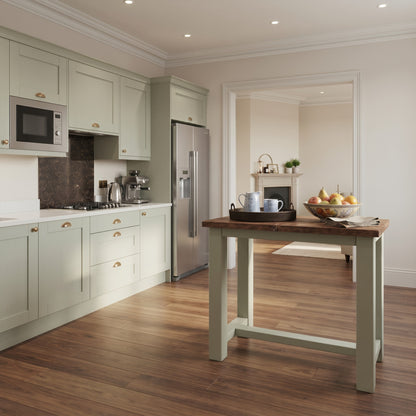HAZEL Light Green / Dark Oak Top Island Solid Wood Kitchen Island With Shelf / Breakfast Bar