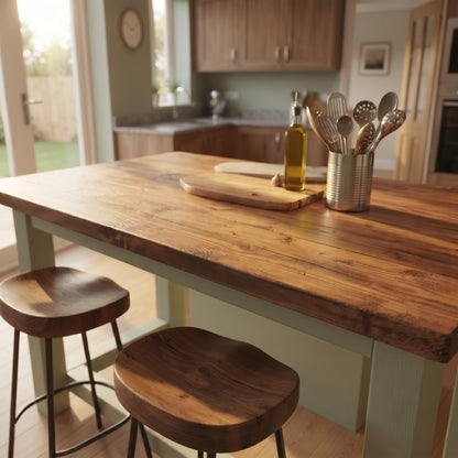 HAZEL Light Green / Dark Oak Top Island Solid Wood Kitchen Island With Shelf / Breakfast Bar