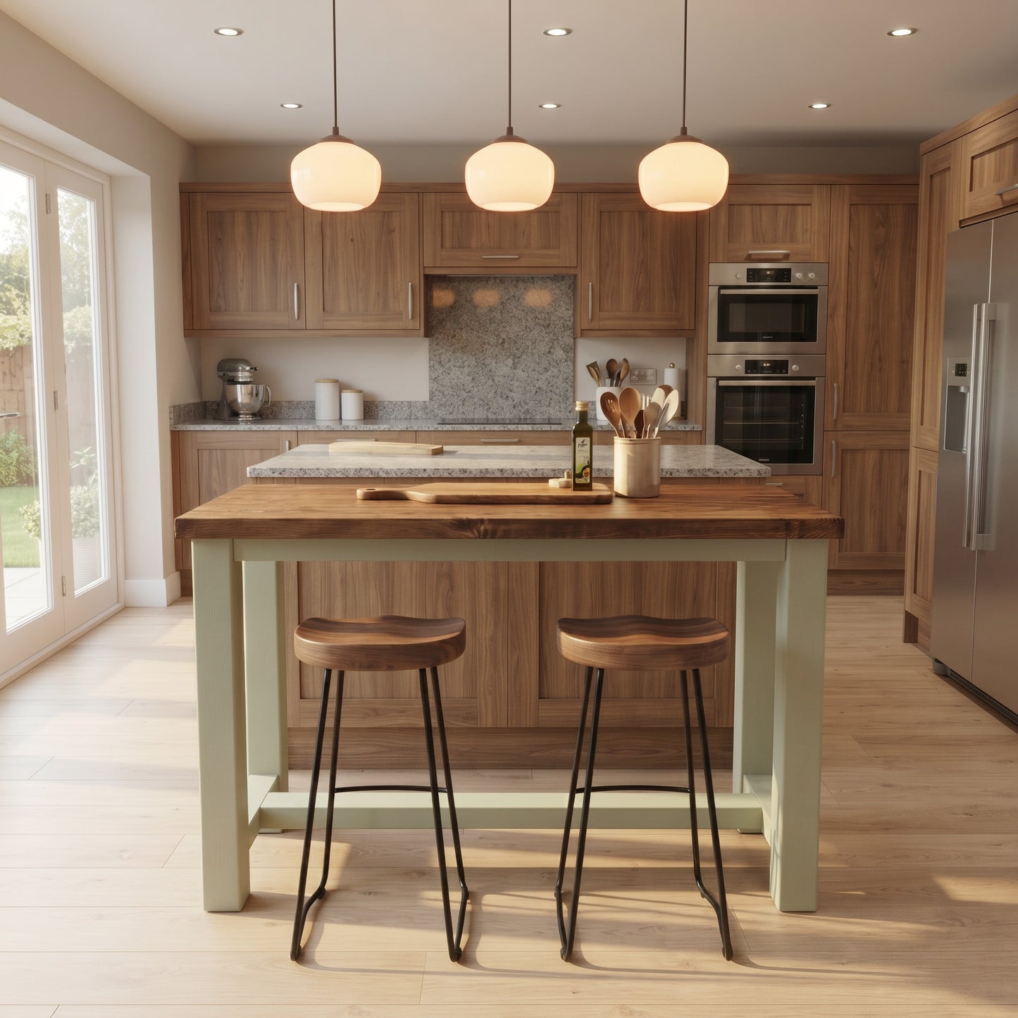 HAZEL Light Green / Dark Oak Top Island Solid Wood Kitchen Island With Shelf / Breakfast Bar