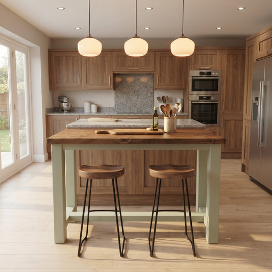 HAZEL Light Green / Dark Oak Top Island Solid Wood Kitchen Island With Shelf / Breakfast Bar