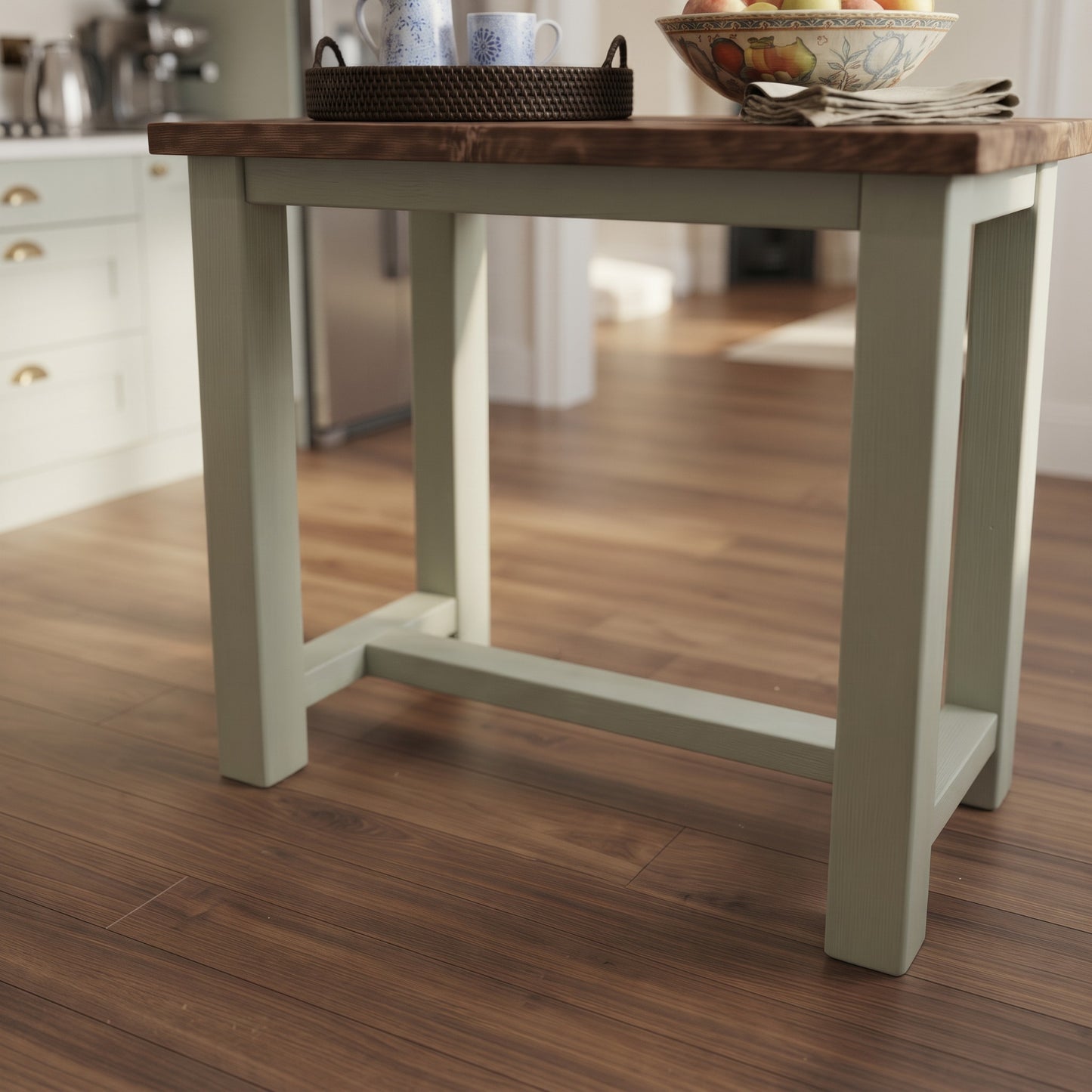 HAZEL Light Green / Dark Oak Top Island Solid Wood Kitchen Island With Shelf / Breakfast Bar
