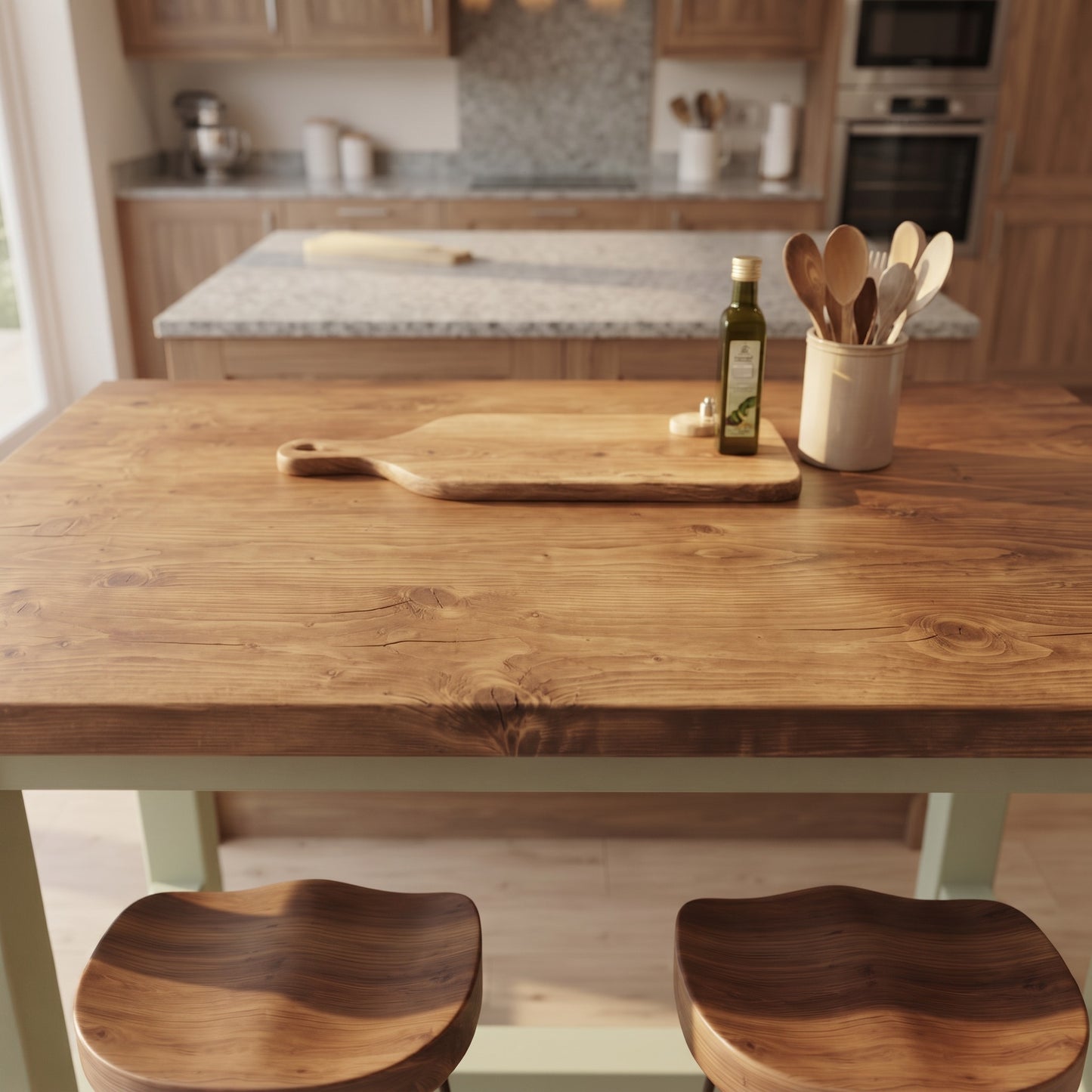 HAZEL Light Green / Dark Oak Top Island Solid Wood Kitchen Island With Shelf / Breakfast Bar