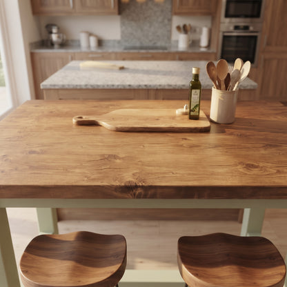 HAZEL Light Green / Dark Oak Top Island Solid Wood Kitchen Island With Shelf / Breakfast Bar