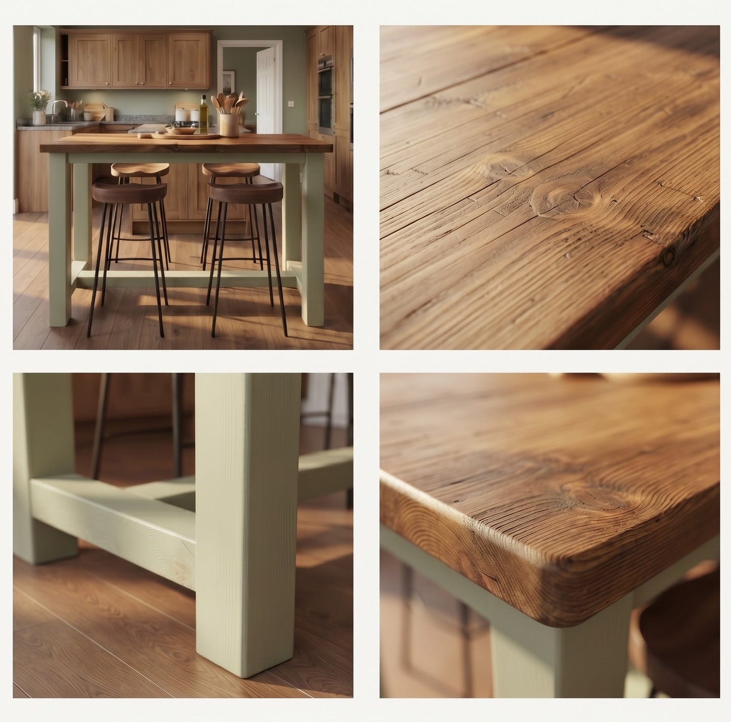 HAZEL Light Green / Dark Oak Top Island Solid Wood Kitchen Island With Shelf / Breakfast Bar