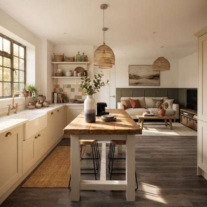 HAZEL Light Grey / Walnut Top Island Solid Wood Kitchen Island With Shelf / Breakfast Bar