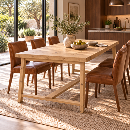 HELENA Light Oak Colour Solid Wood Rustic Dining Table With Wooden Legs