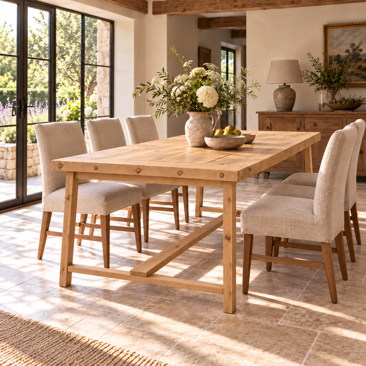 HELENA Light Oak Colour Solid Wood Rustic Dining Table With Wooden Legs