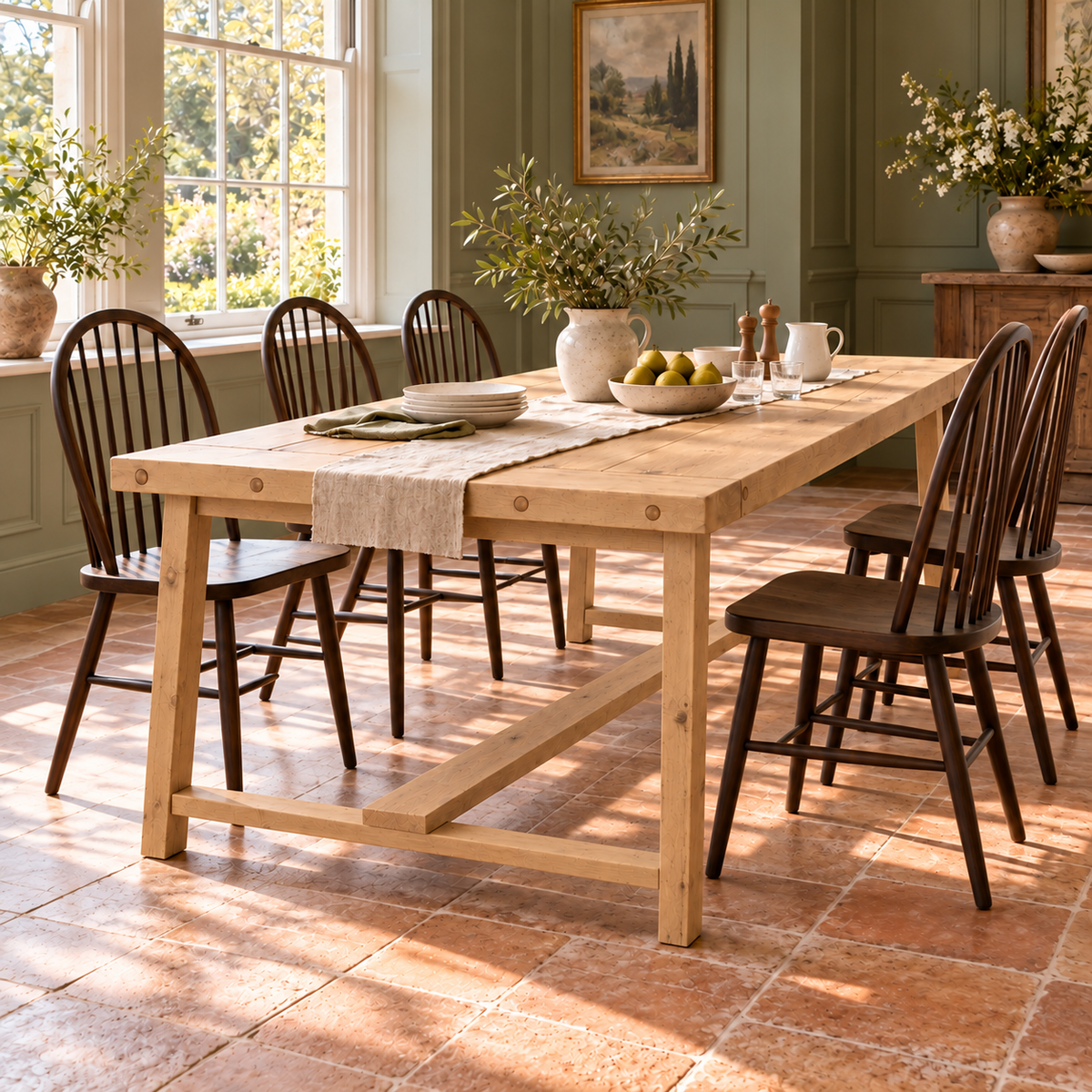 HELENA Light Oak Colour Solid Wood Rustic Dining Table With Wooden Legs