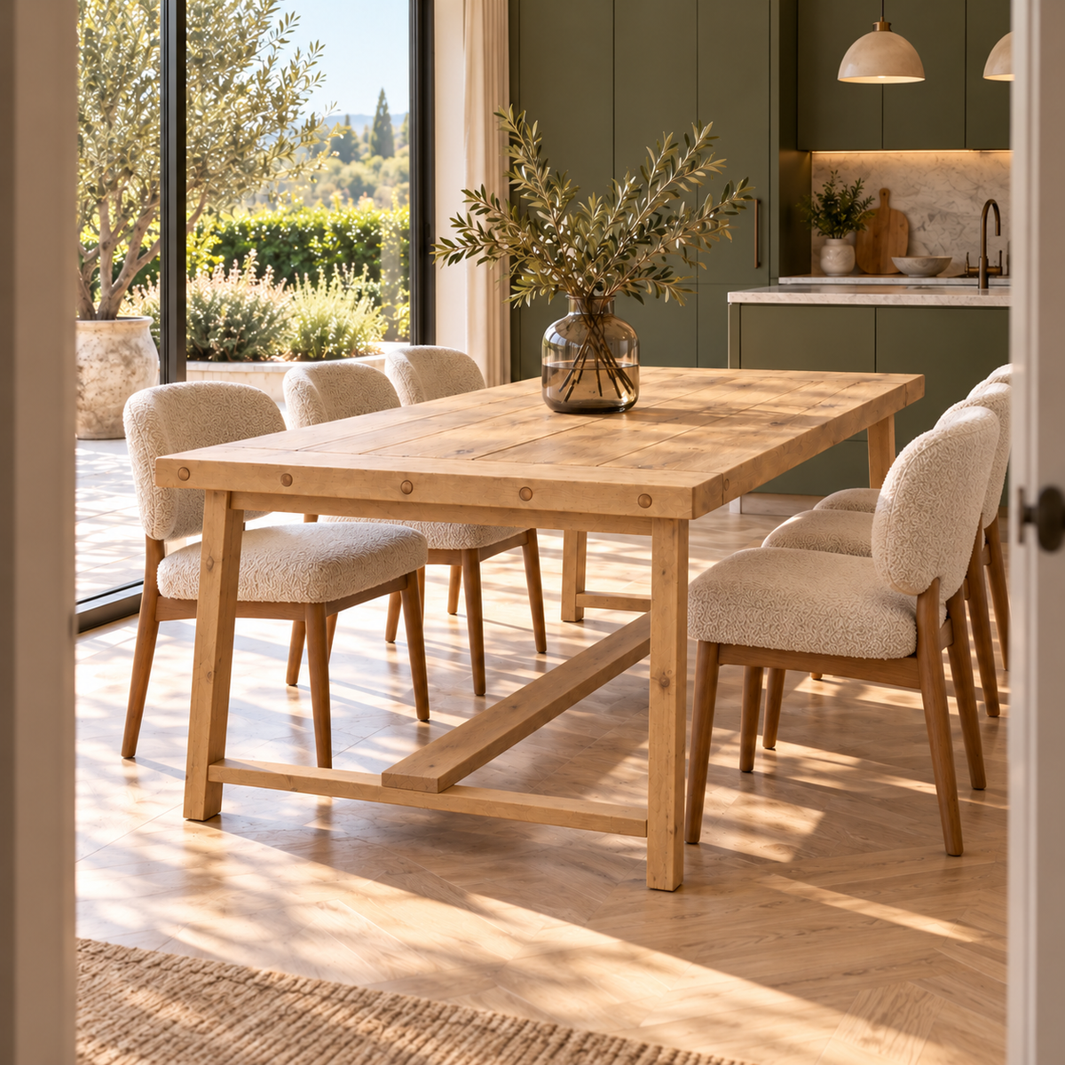 HELENA Light Oak Colour Solid Wood Rustic Dining Table With Wooden Legs