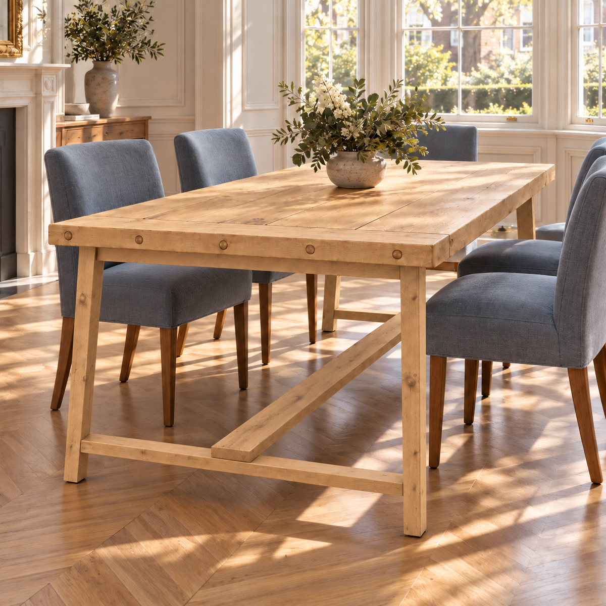 HELENA Light Oak Colour Solid Wood Rustic Dining Table With Wooden Legs