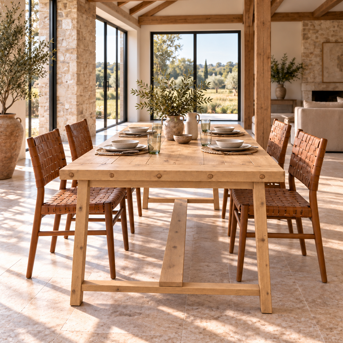 HELENA Light Oak Colour Solid Wood Rustic Dining Table With Wooden Legs