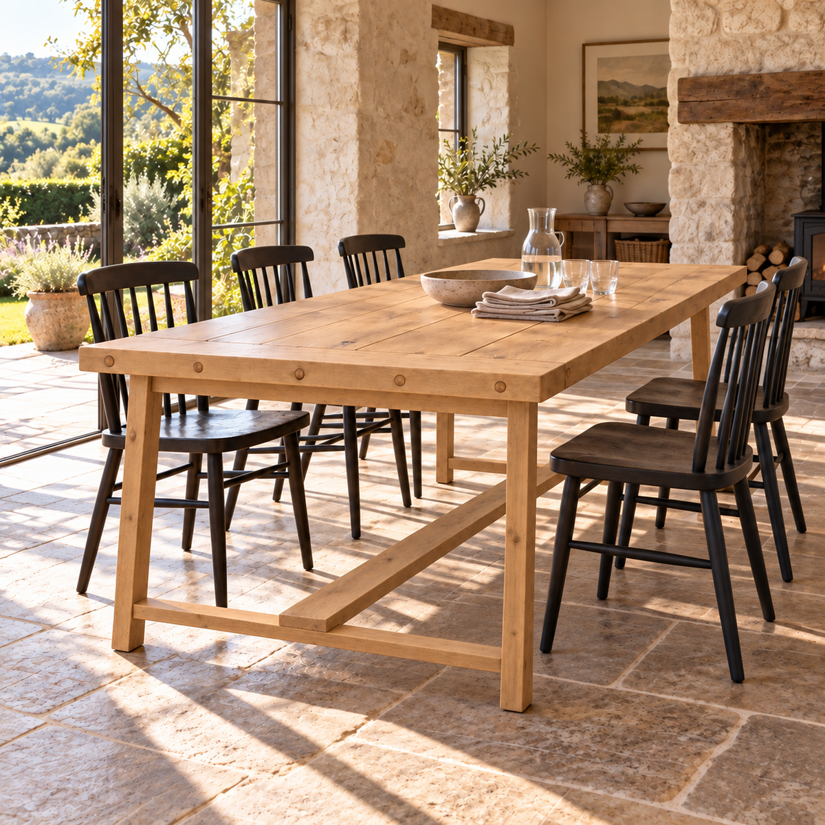 HELENA Light Oak Colour Solid Wood Rustic Dining Table With Wooden Legs
