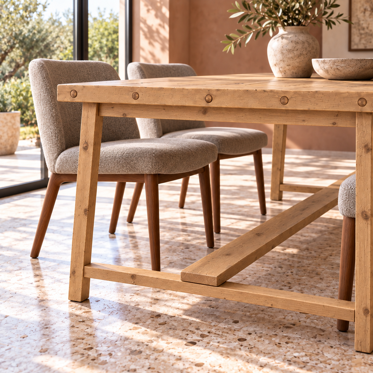 HELENA Light Oak Colour Solid Wood Rustic Dining Table With Wooden Legs
