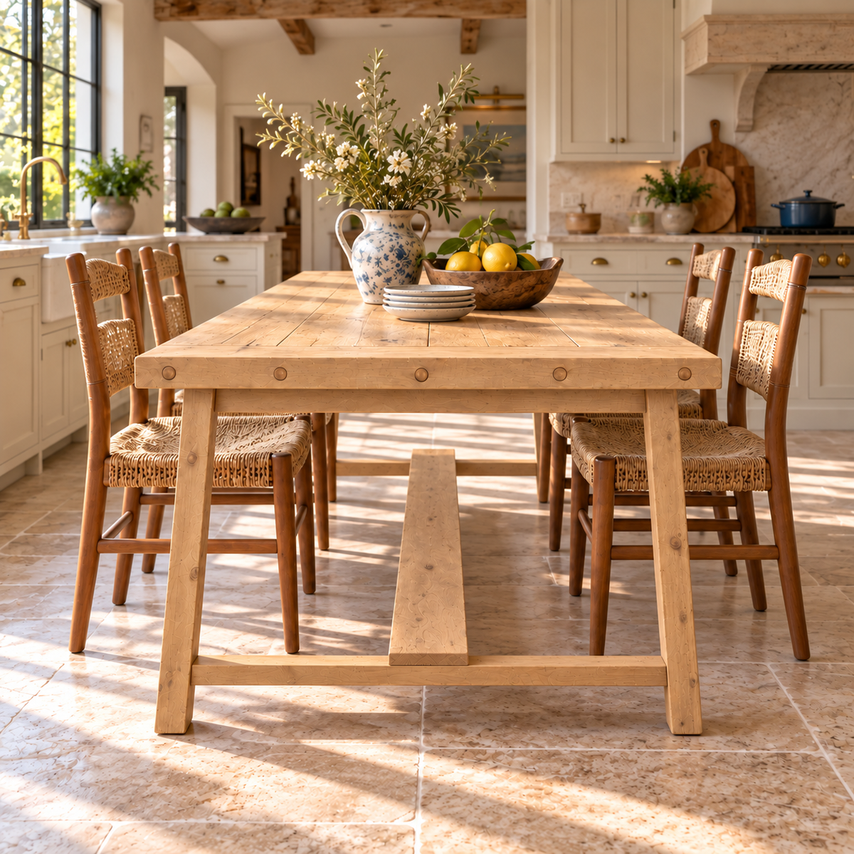 HELENA Light Oak Colour Solid Wood Rustic Dining Table With Wooden Legs