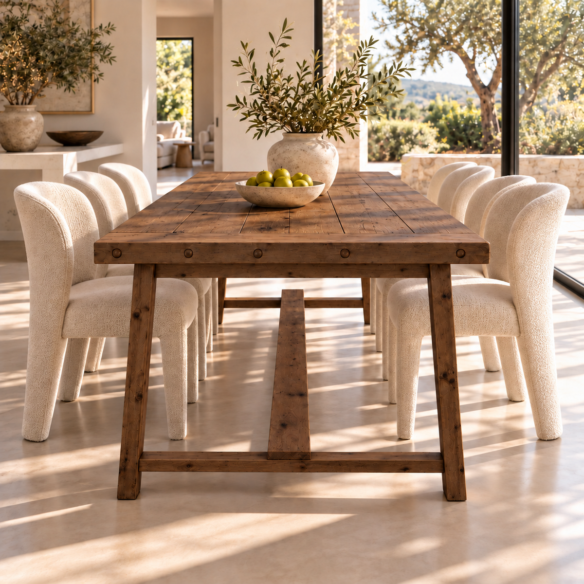 HELENA Walnut Colour Solid Wood Rustic Dining Table With Wooden Legs