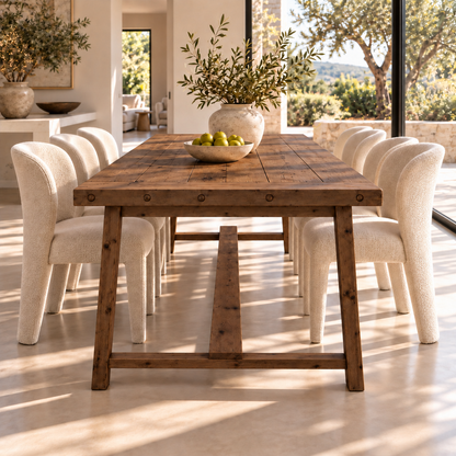 HELENA Walnut Colour Solid Wood Rustic Dining Table With Wooden Legs