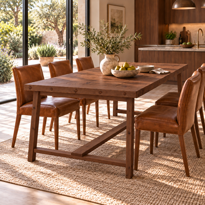 HELENA Walnut Colour Solid Wood Rustic Dining Table With Wooden Legs