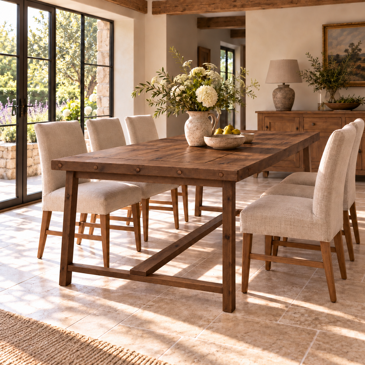 HELENA Walnut Colour Solid Wood Rustic Dining Table With Wooden Legs