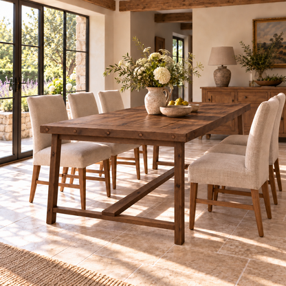 HELENA Walnut Colour Solid Wood Rustic Dining Table With Wooden Legs