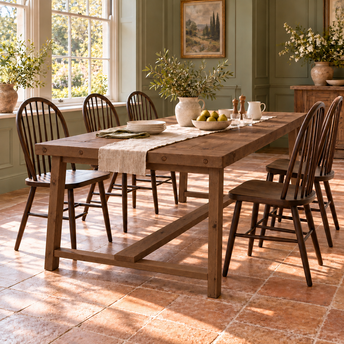 HELENA Walnut Colour Solid Wood Rustic Dining Table With Wooden Legs