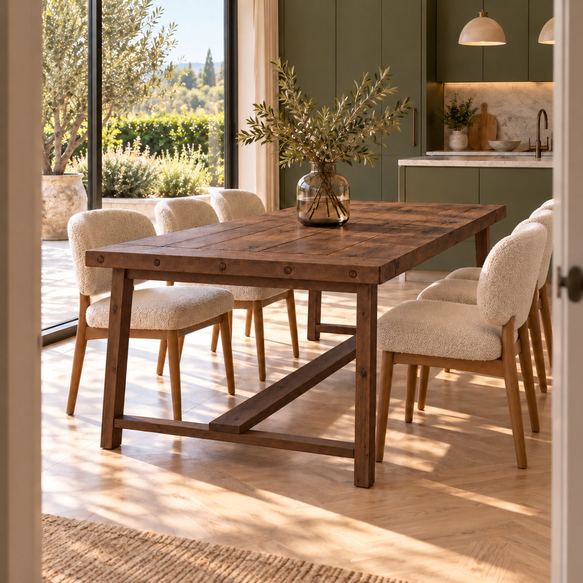HELENA Walnut Colour Solid Wood Rustic Dining Table With Wooden Legs